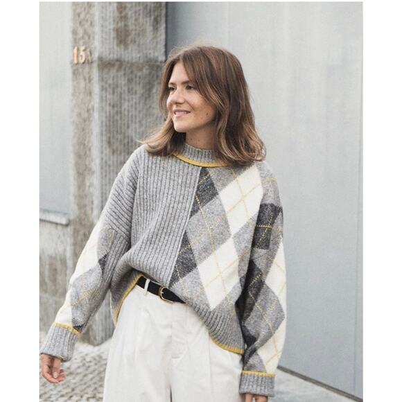 Pringle of Scotland x H&M Gray Ribbed Knit Argyle Crewneck Sweater Size Small - Picture 2 of 12